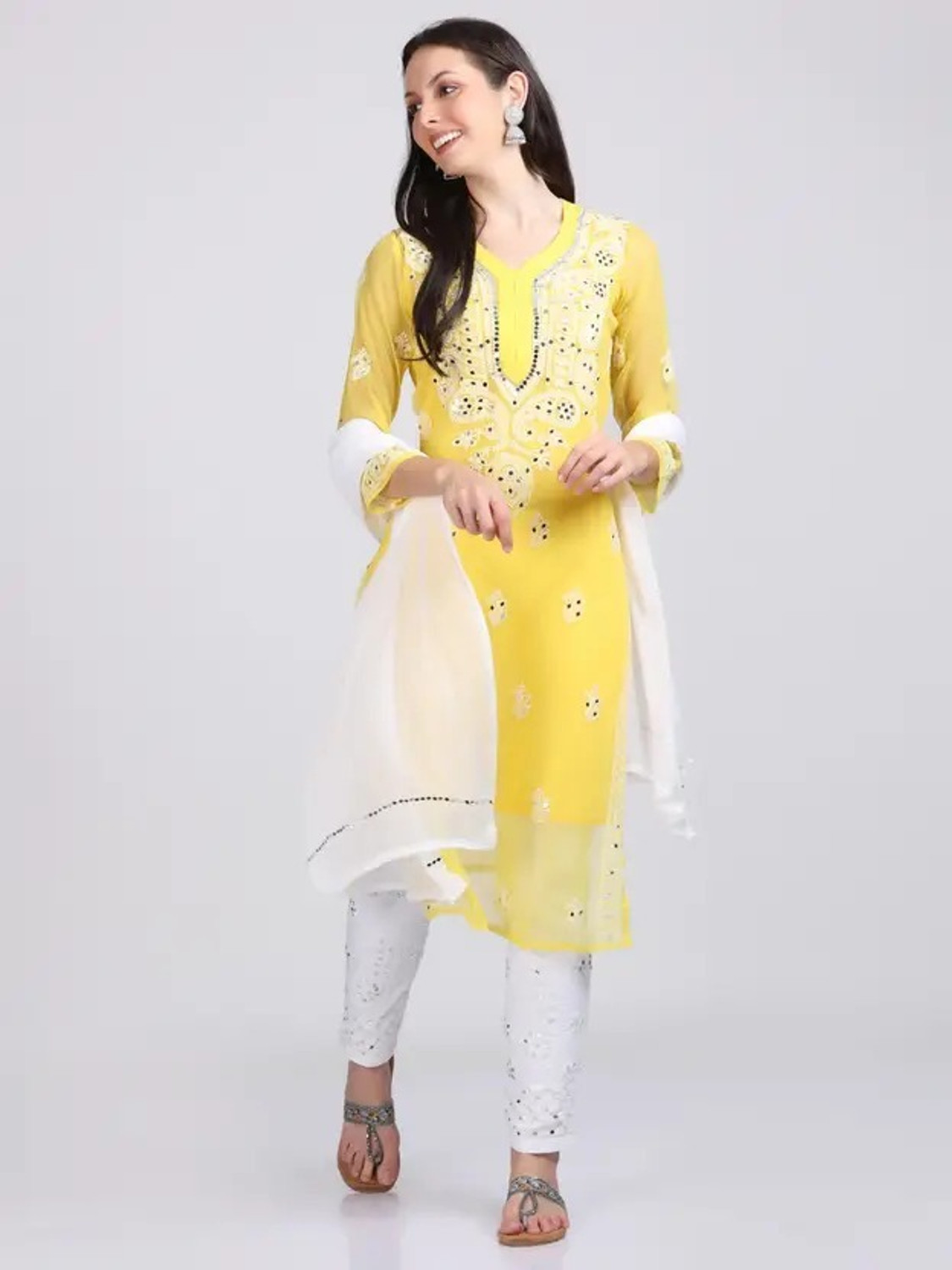 Image of ElegantFashion Chikan Embroidery Georgette A-line Kurta for Women (Yellow)