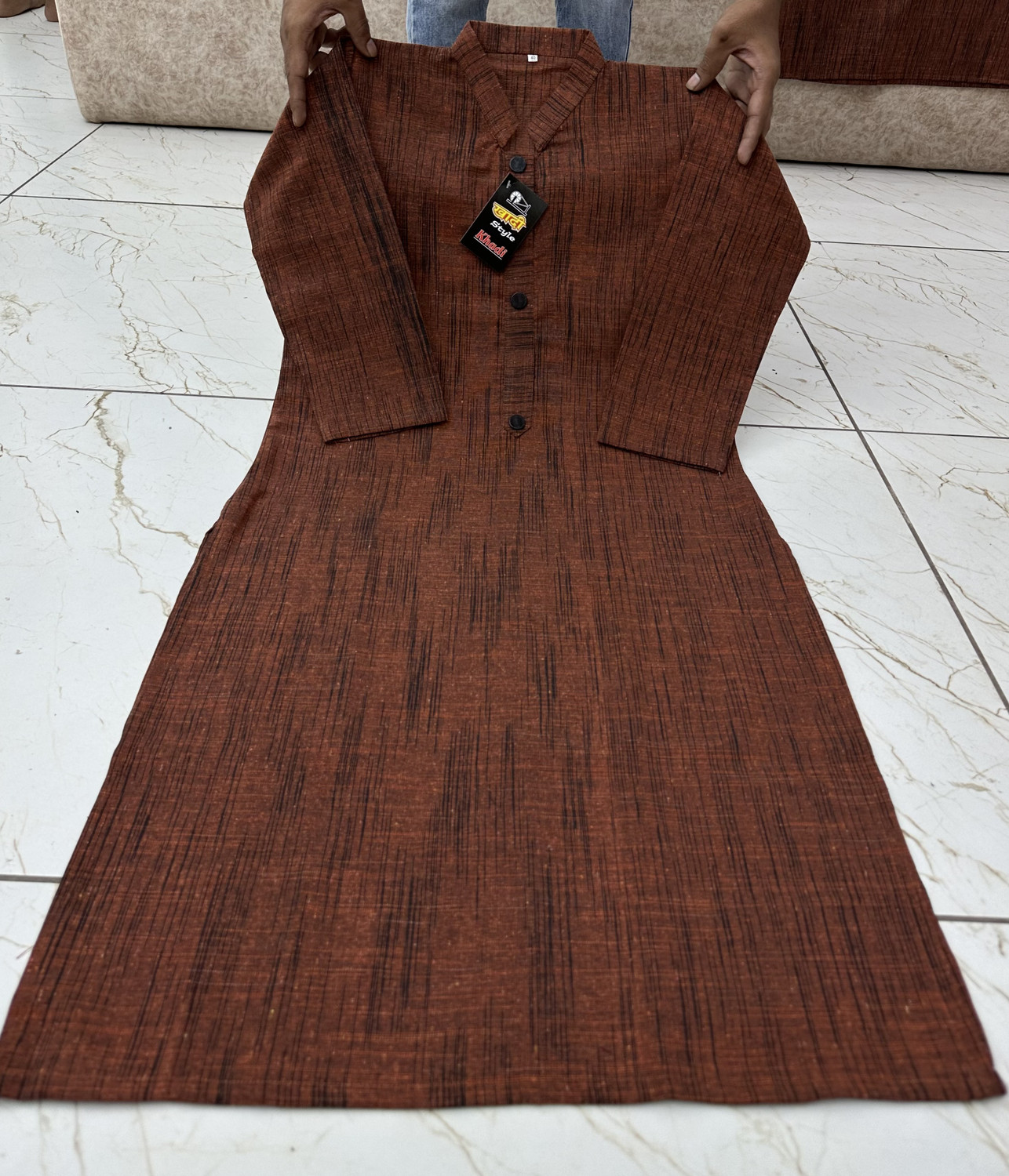 Image of Mahi textile Embroidered Cotton Blend Straight Kurta for Women (Brown)