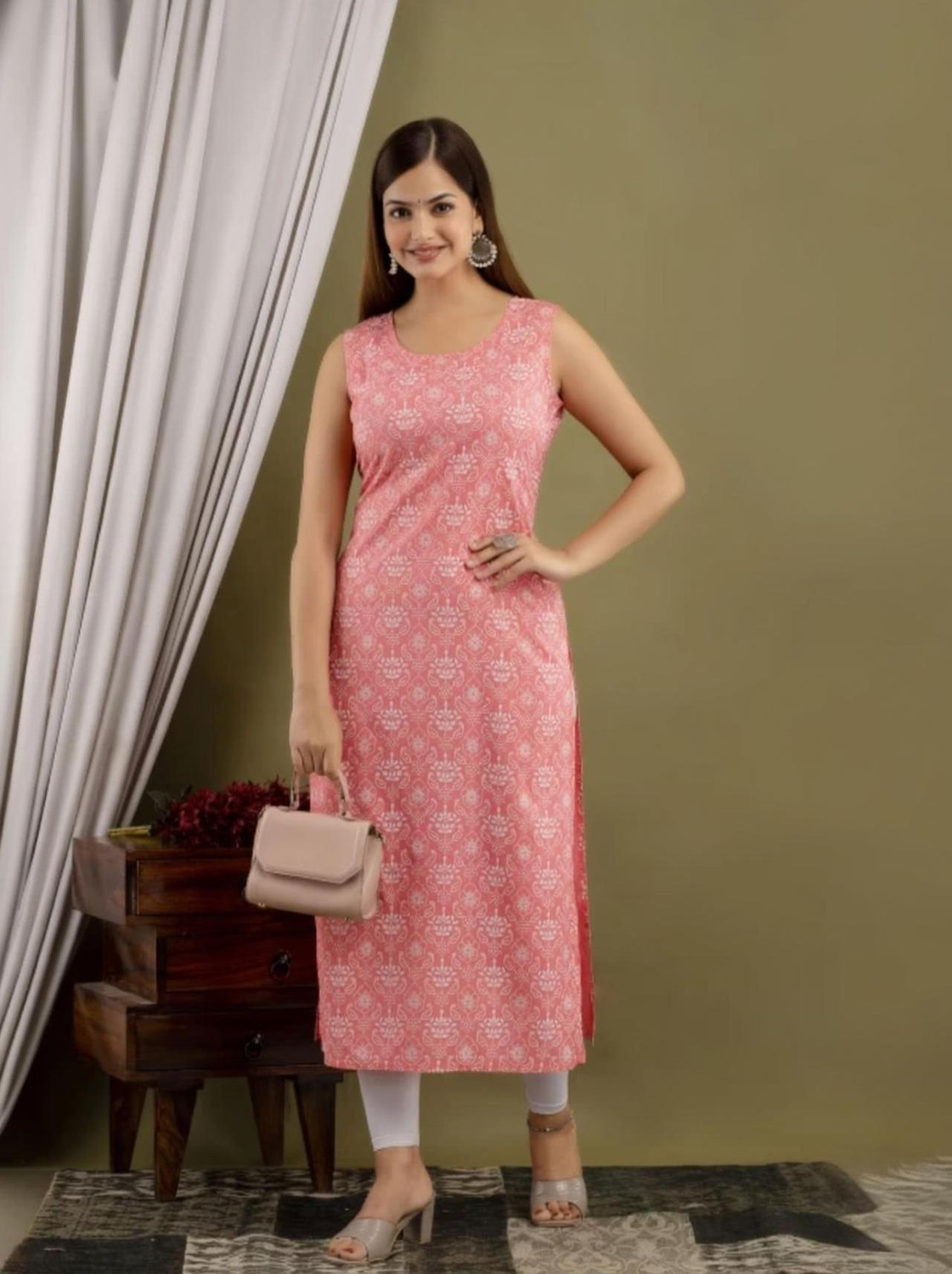 Image of A C KANANI Printed Viscose Rayon Straight Kurta for Women (Pink)
