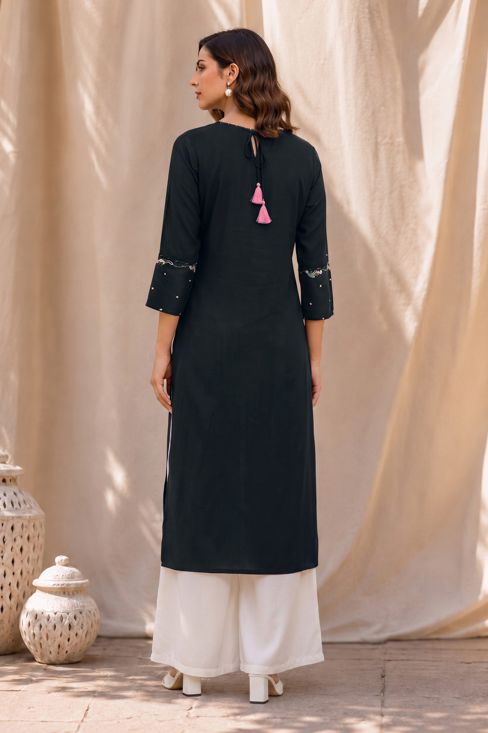 Image of MIRCHI FASHION Embroidered Viscose Rayon Straight Kurta for Women (Black)