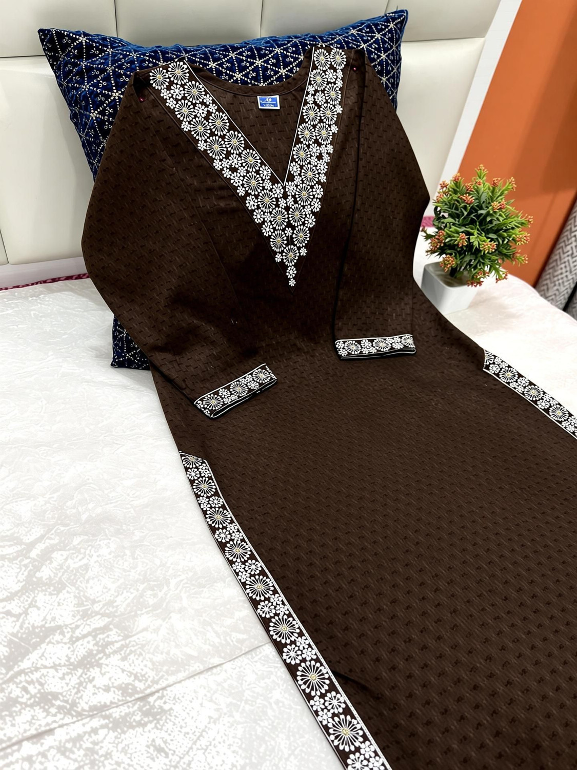 Image of Mahi textile Embroidered Cotton Blend Straight Kurta for Women (Brown)