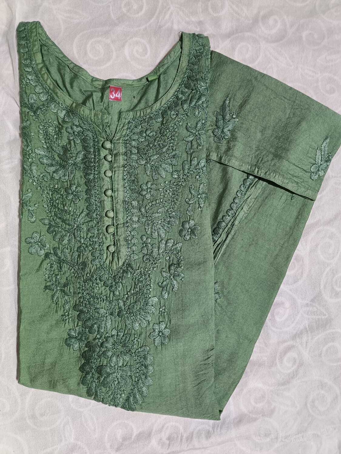 Image of Adab chikan handicraft Self Design Chanderi A-line Kurta for Women (Green)