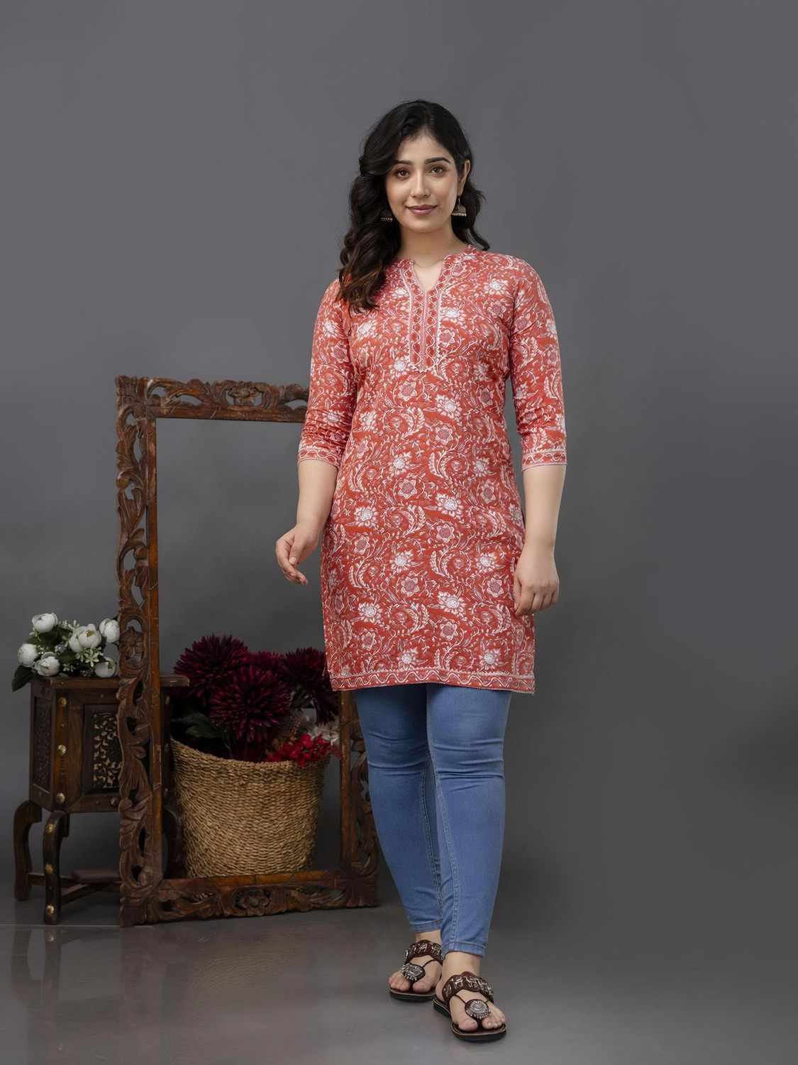 Image of Madfury Printed Pure Cotton Straight Kurta for Women (Red)
