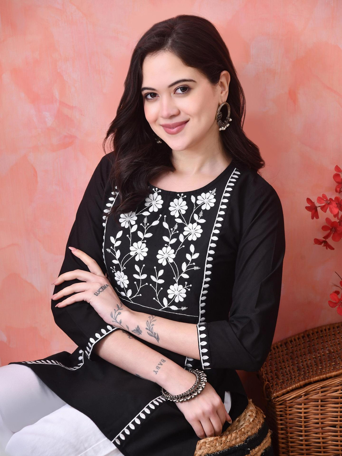 Image of KJFAB Printed Pure Cotton Straight Kurta for Women (Black)