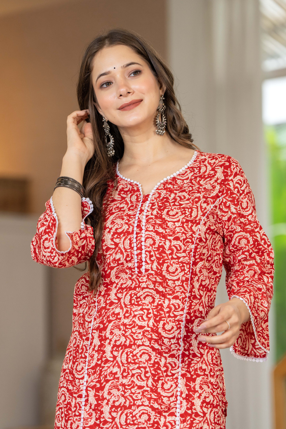 Image of Madfury Printed Pure Cotton Straight Kurta for Women (Red)