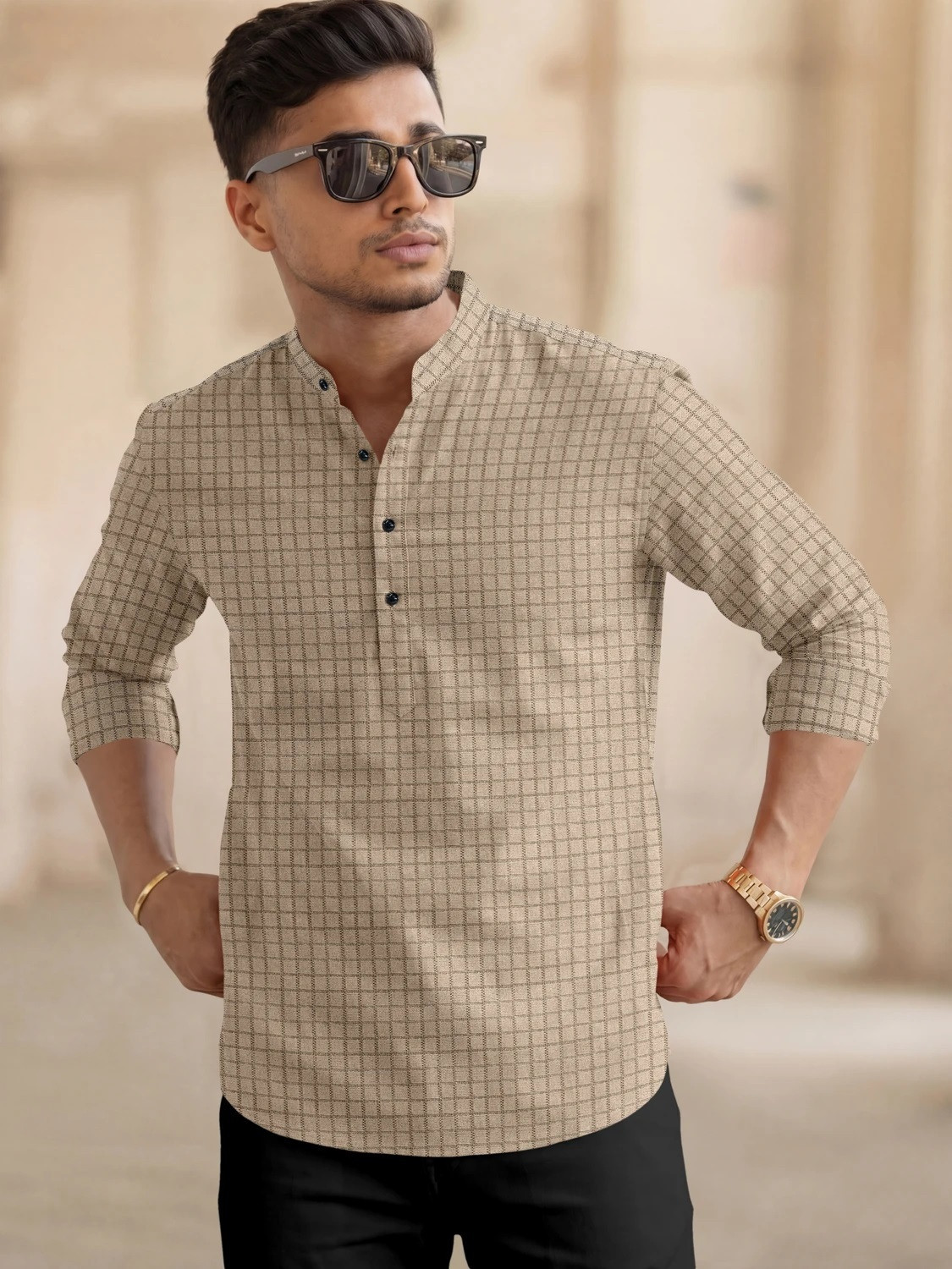 Image of Vashuqi Solid Cotton Blend Straight Kurta for Men (Brown)