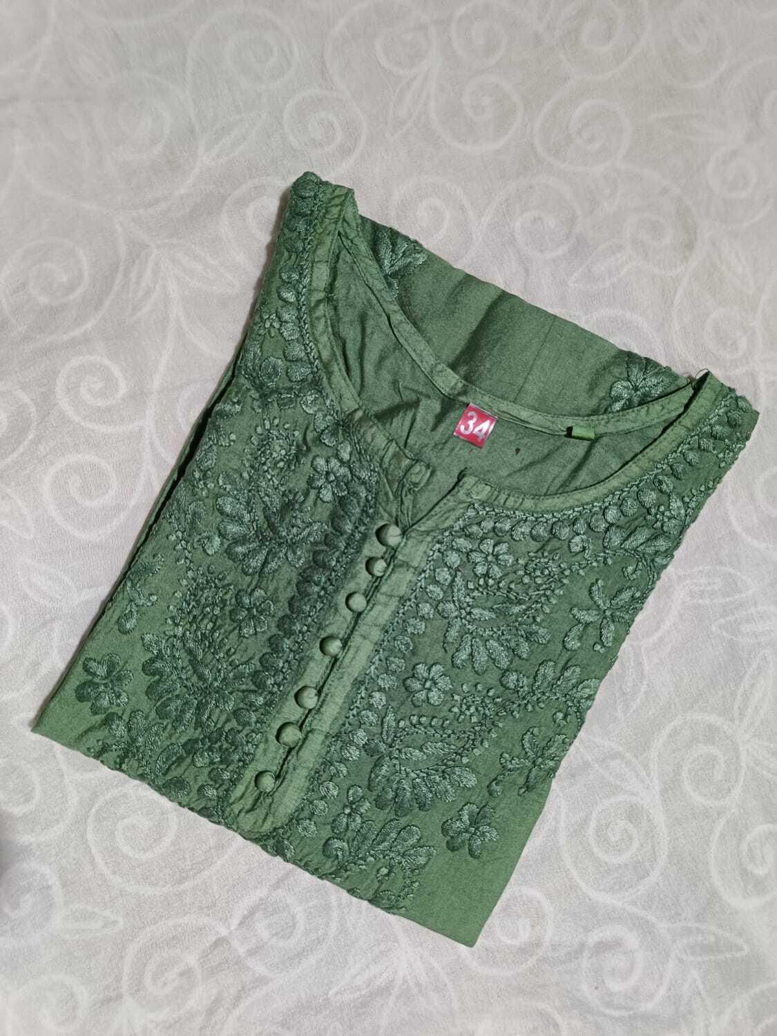 Image of Adab chikan handicraft Self Design Chanderi A-line Kurta for Women (Green)