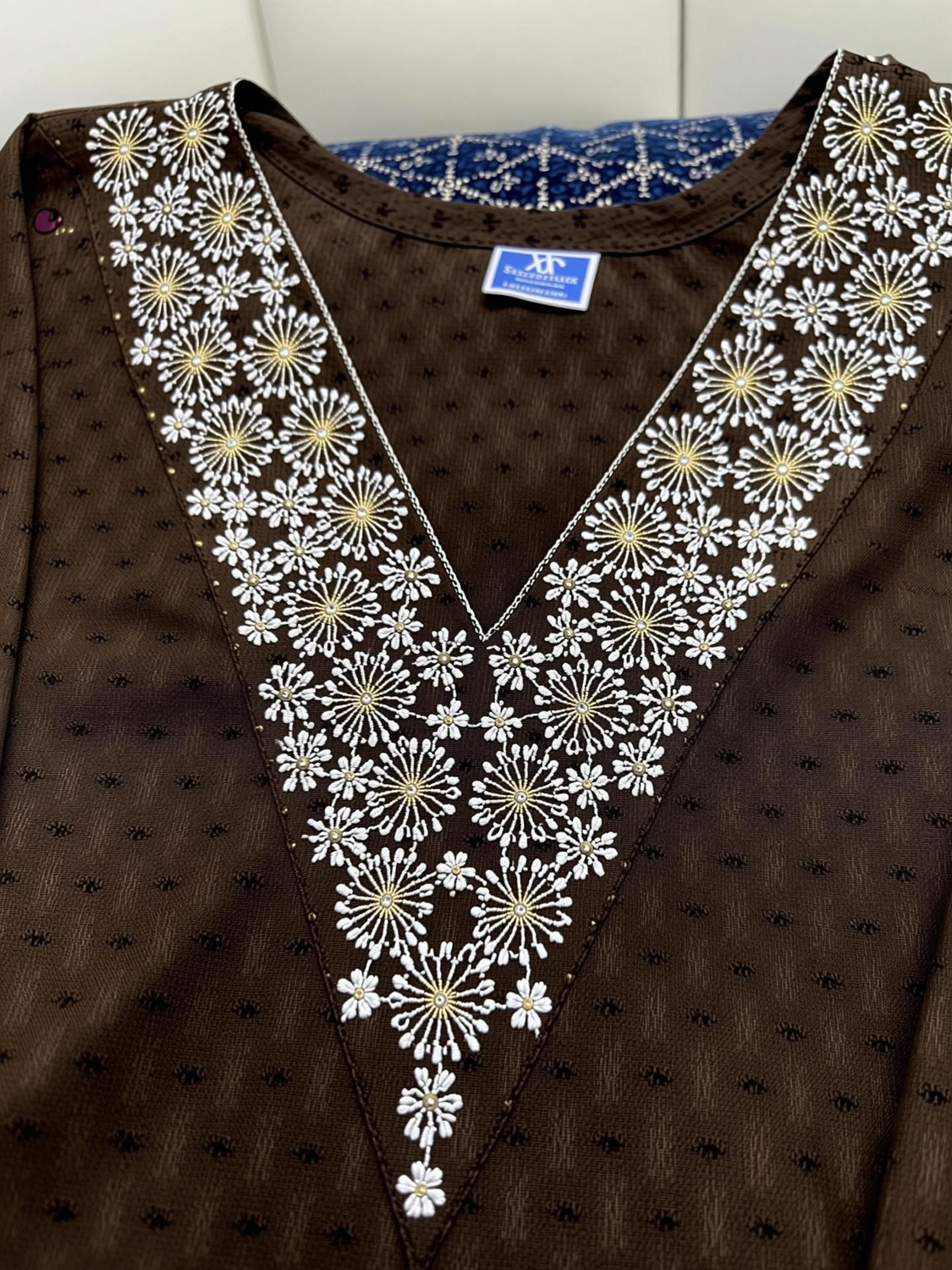 Image of Mahi textile Embroidered Cotton Blend Straight Kurta for Women (Brown)