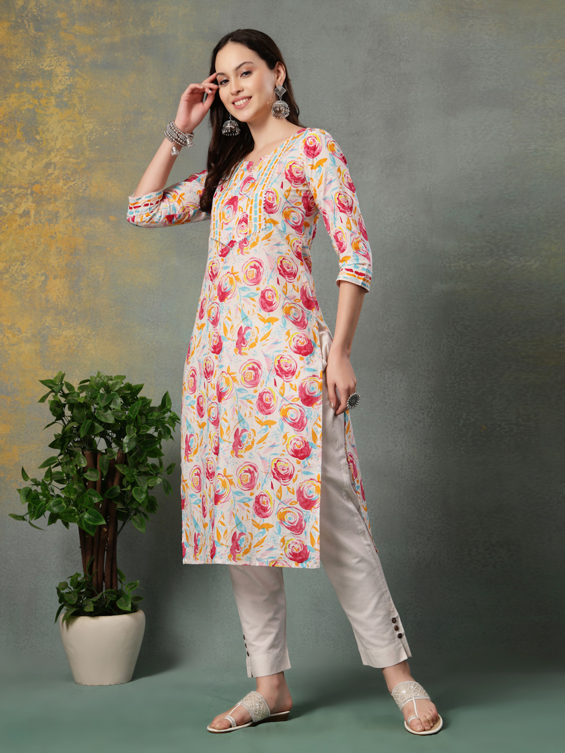 Image of GREYSHADE Floral Print Pure Cotton Straight Kurta for Women (Multicolor)