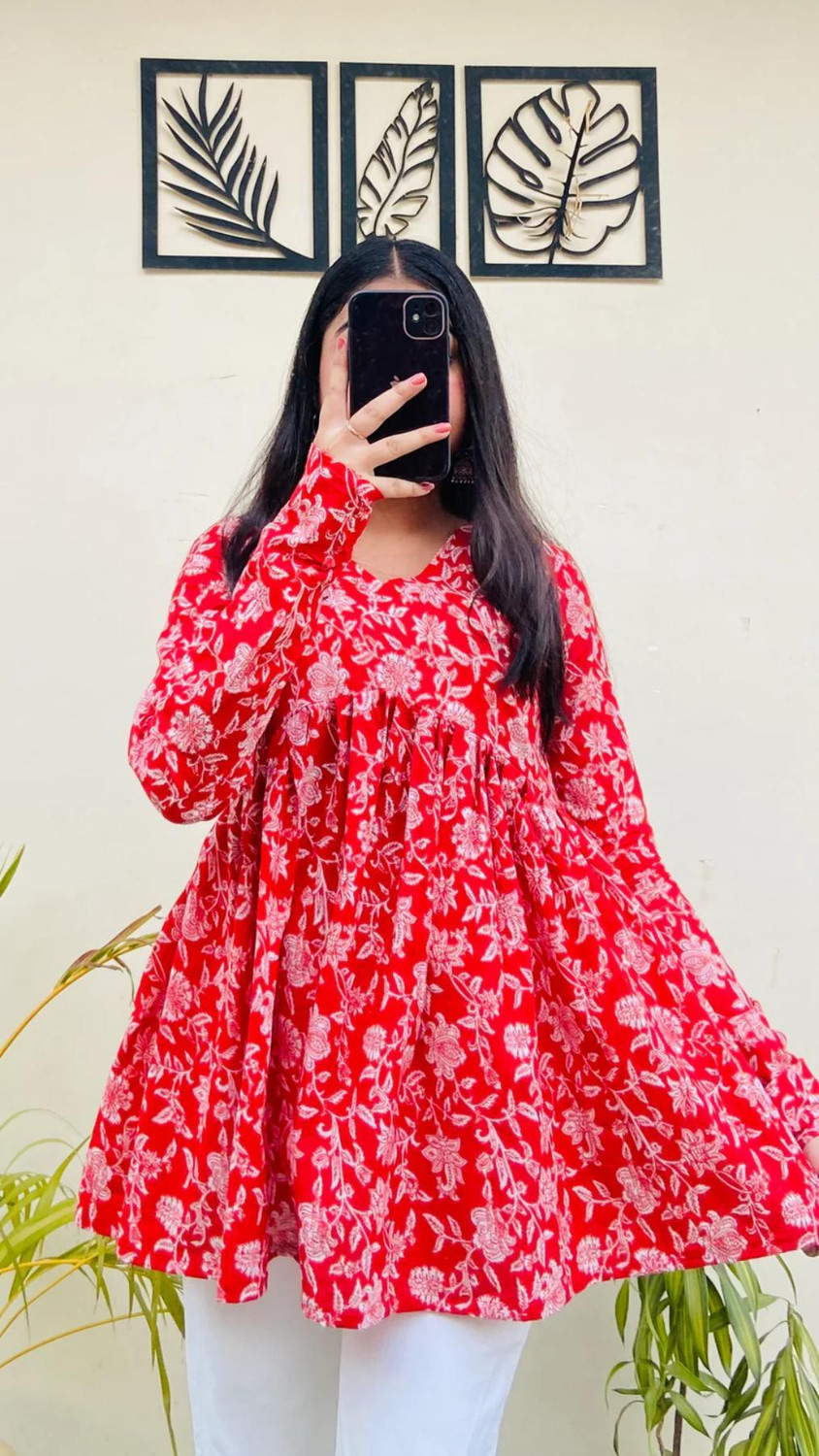 Image of Mialo fashion Floral Print Viscose Rayon Flared Kurta for Women (Red)