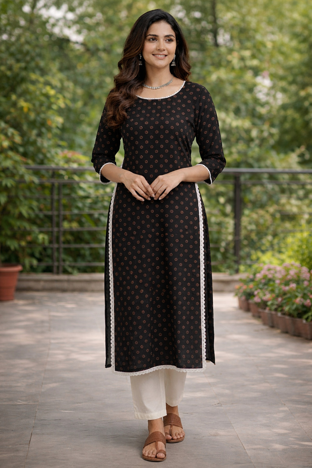 Image of Peachy Robes Printed Viscose Rayon Straight Kurta for Women (Black)