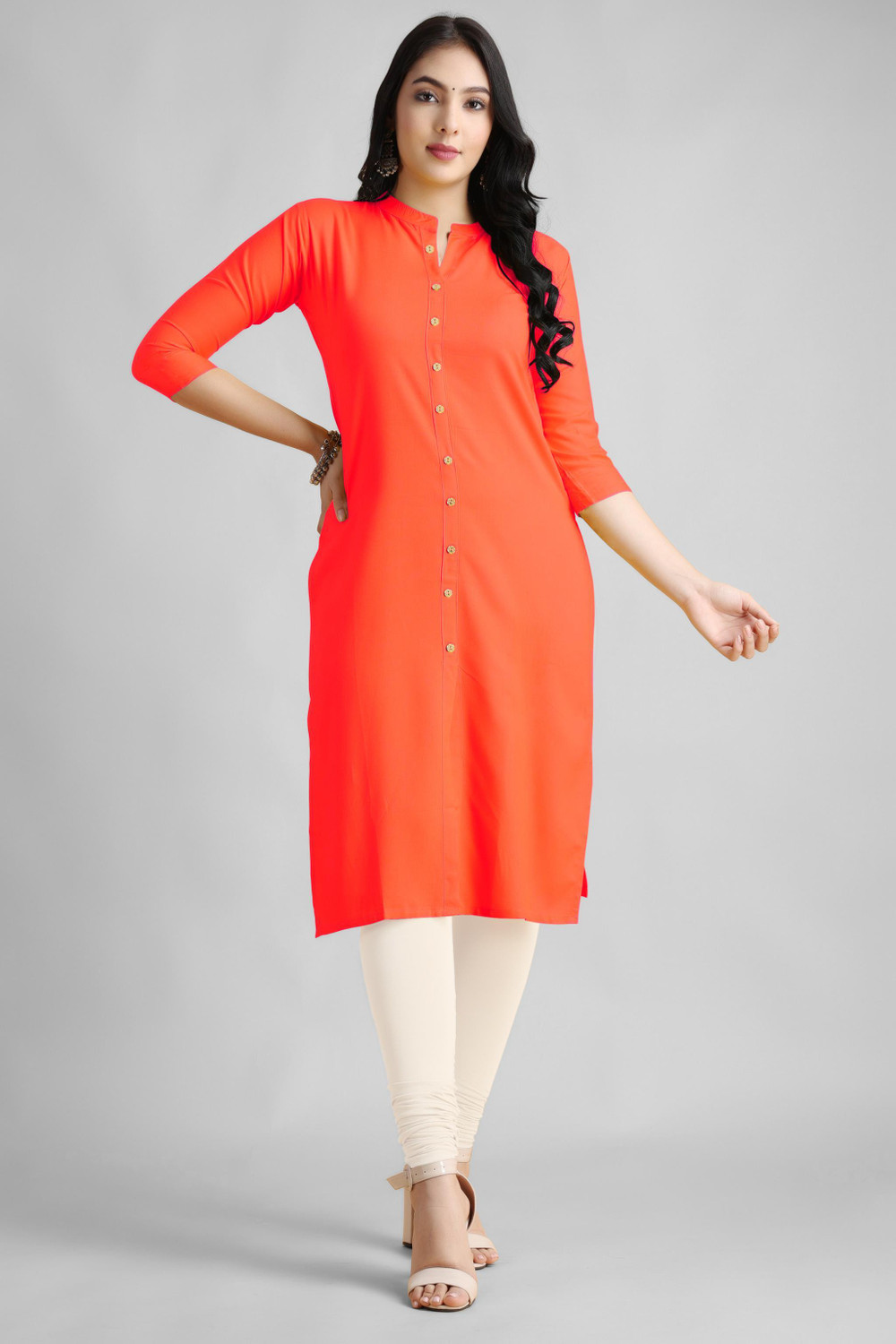 Image of ABC Solid Pure Cotton Straight Kurta for Women (Orange)