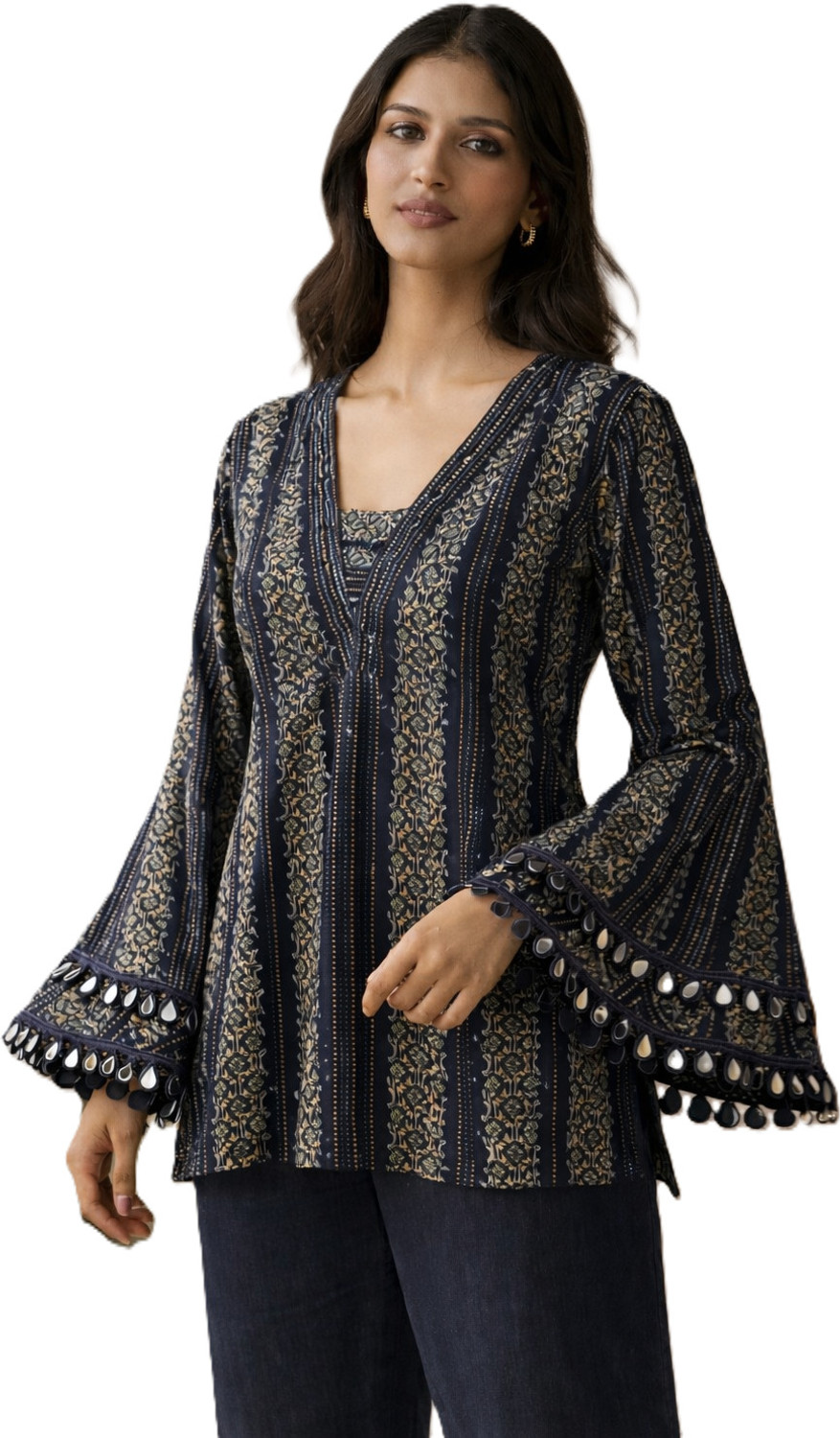 Image of Donne Tenaci Striped, Printed, Embellished Cotton Blend Straight Kurta for Women (Blue)
