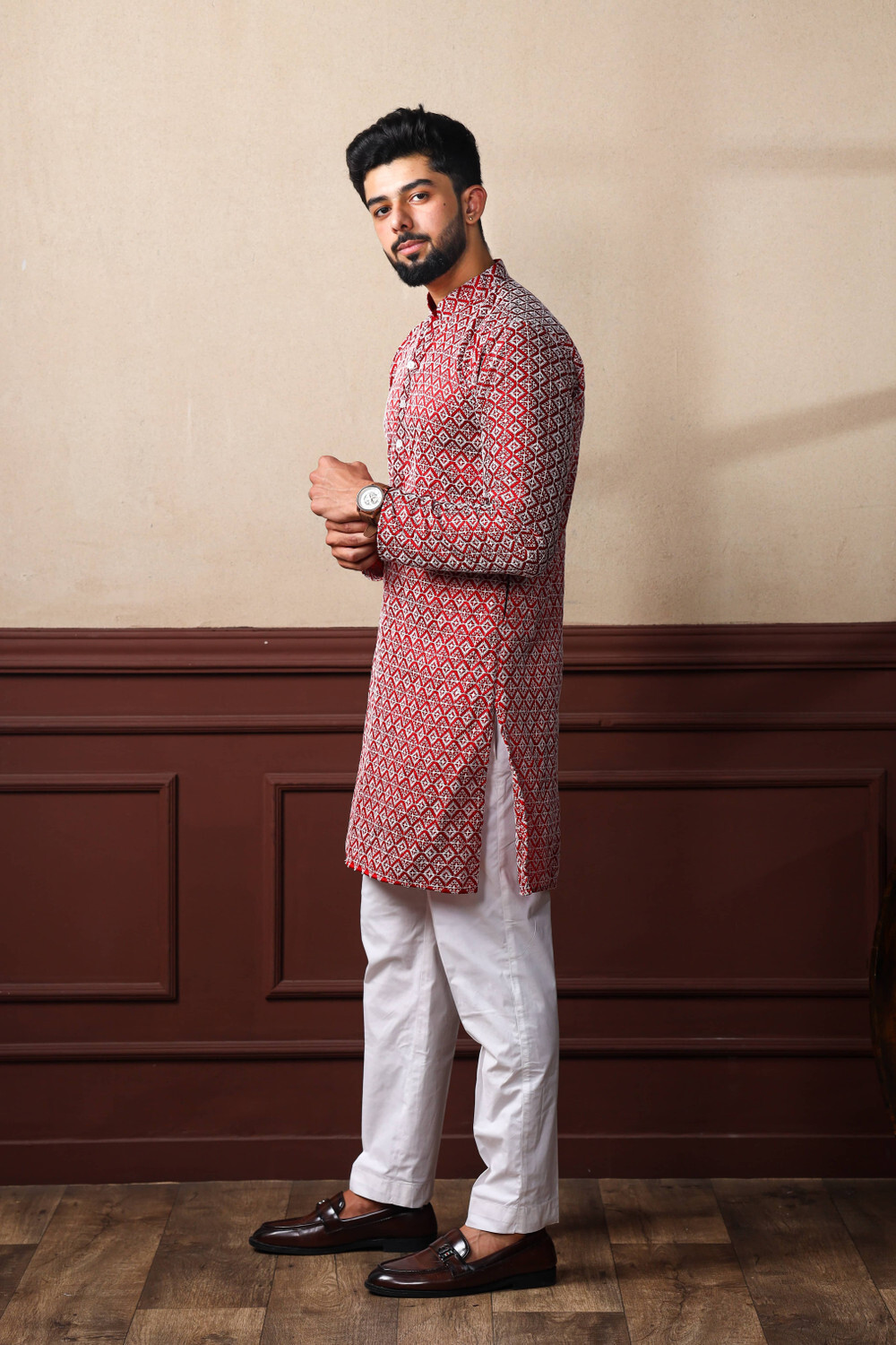 Image of click n buy Embroidered Cotton Blend A-line Kurta for Men (Multicolor)