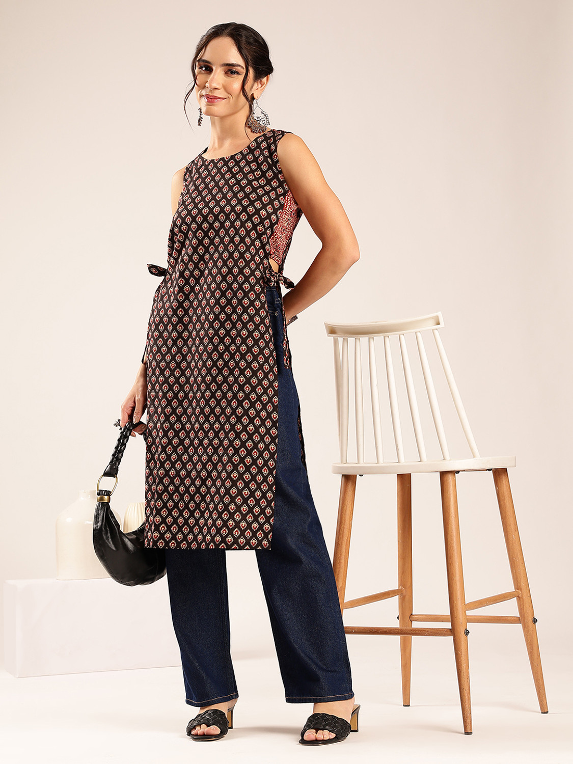 Image of VBUYZ Printed Viscose Rayon A-line Kurta for Women (Blue, Pink)