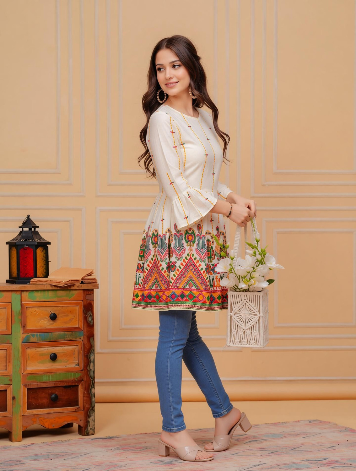 Image of HINGLAJRAJ Floral Print Pure Cotton Flared Kurta for Women (White)