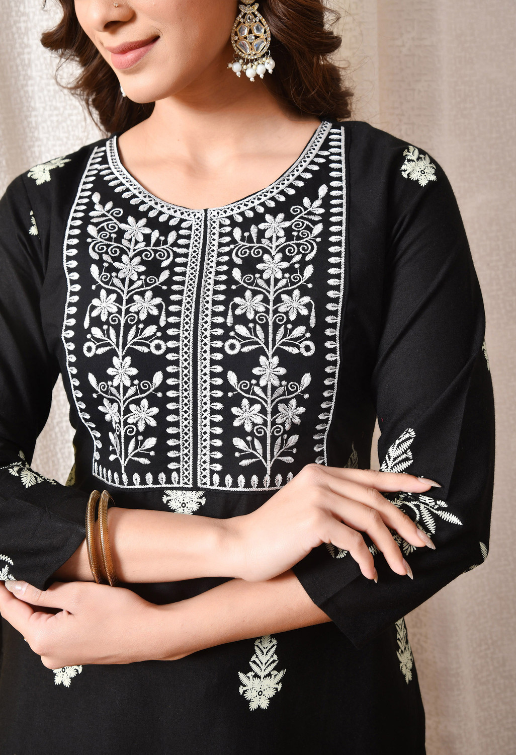 Image of KJFAB Printed Pure Cotton Straight Kurta for Women (Black)