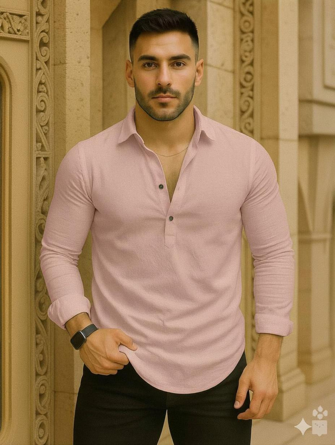 Image of LEVINTA Solid Cotton Blend Straight Kurta for Men (Pink)