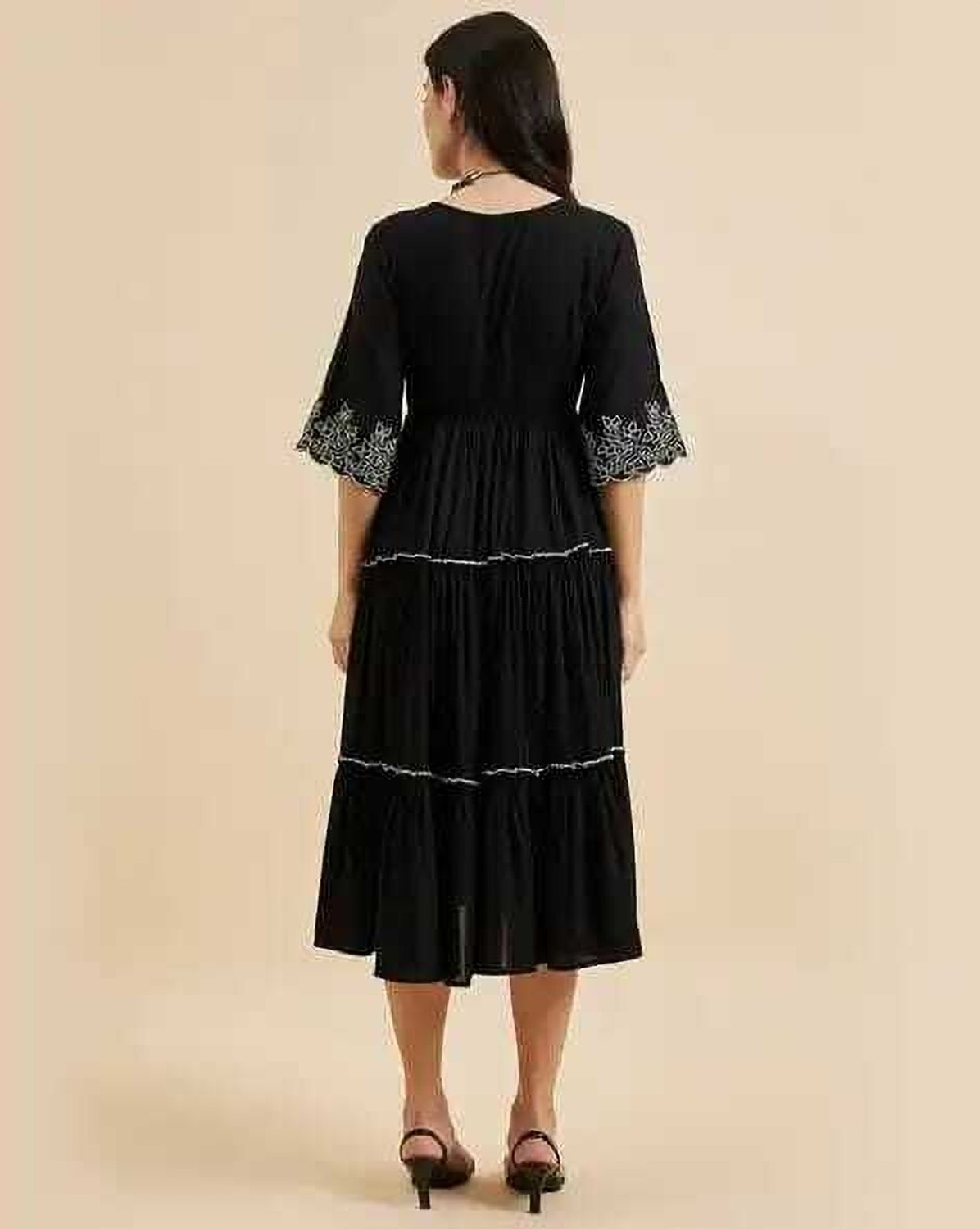 Image of NKRM Solid Viscose Rayon Flared Kurta for Women (Black)