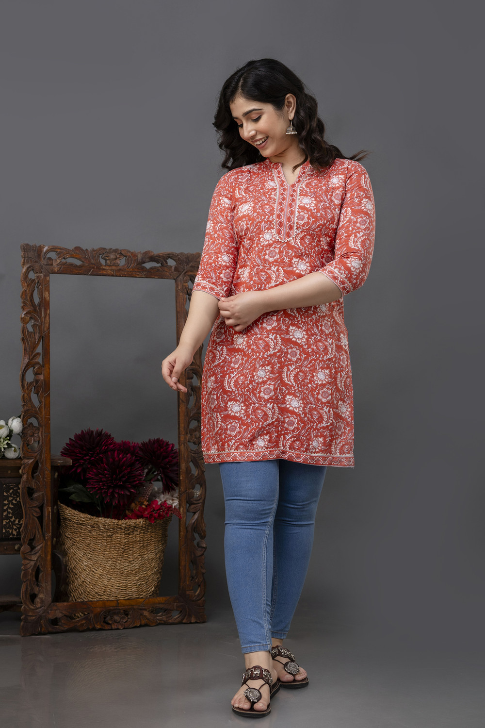 Image of Madfury Printed Pure Cotton Straight Kurta for Women (Red)