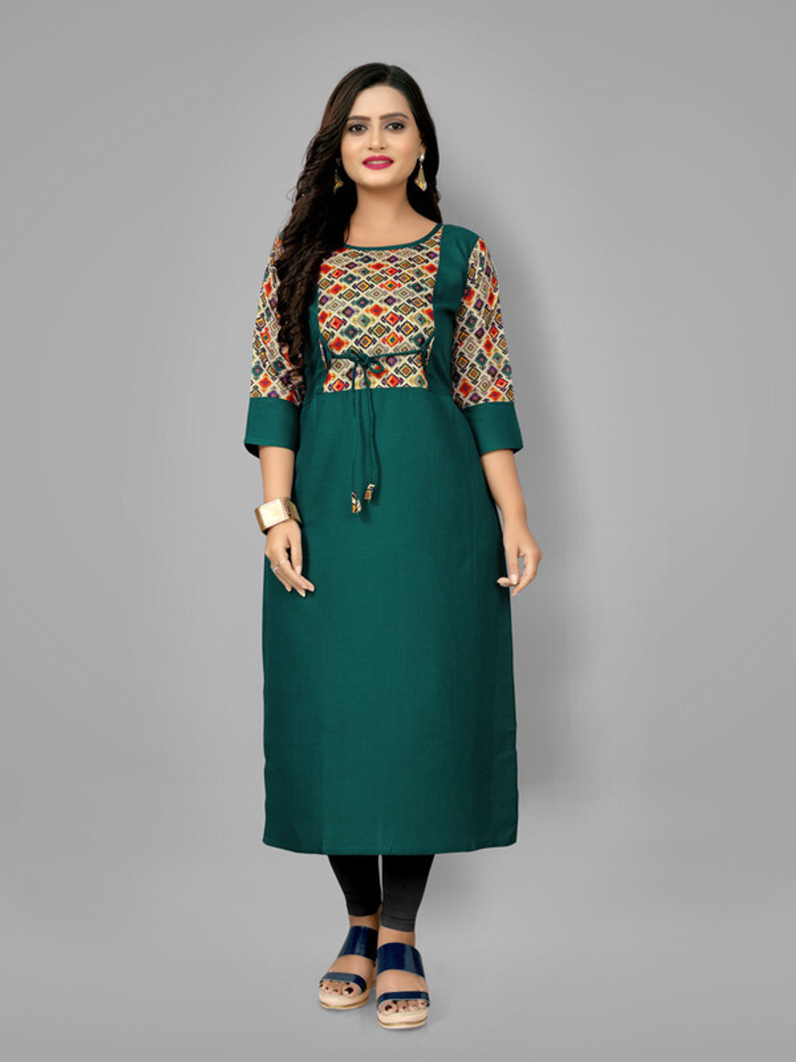 Image of Fabriza Embroidered Cotton Blend A-line Kurta for Women (Light Green)