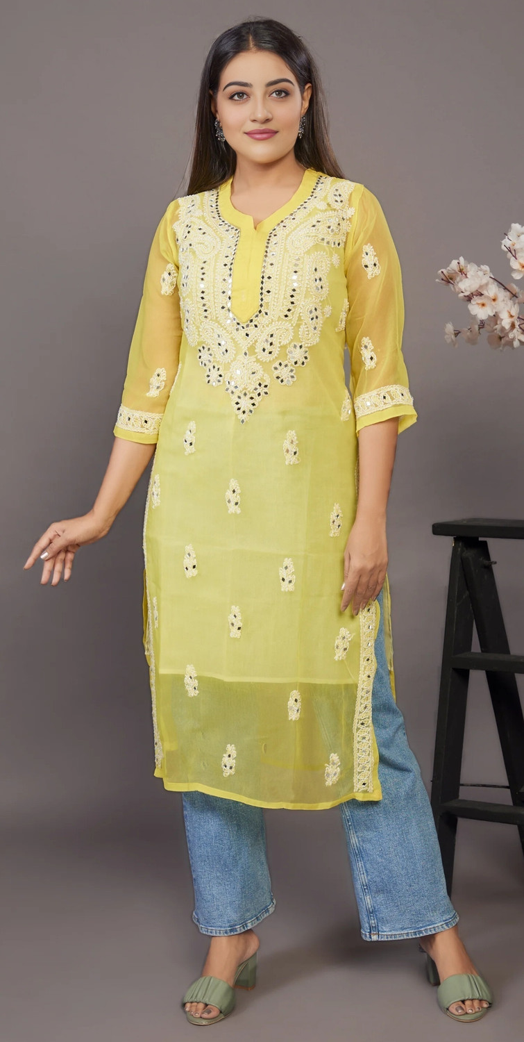 Image of ElegantFashion Chikan Embroidery Georgette A-line Kurta for Women (Yellow)