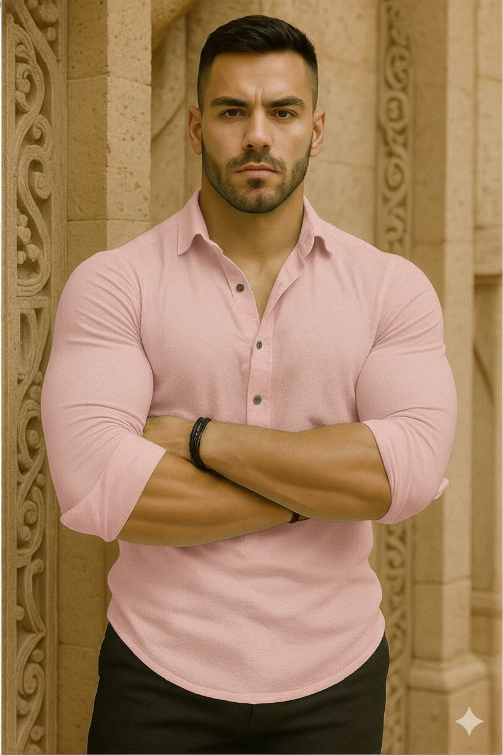 Image of LEVINTA Solid Cotton Blend Straight Kurta for Men (Pink)