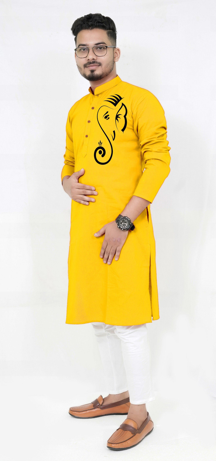 Image of Ethnic Corner Solid Cotton Blend Straight Kurta for Men (Yellow)