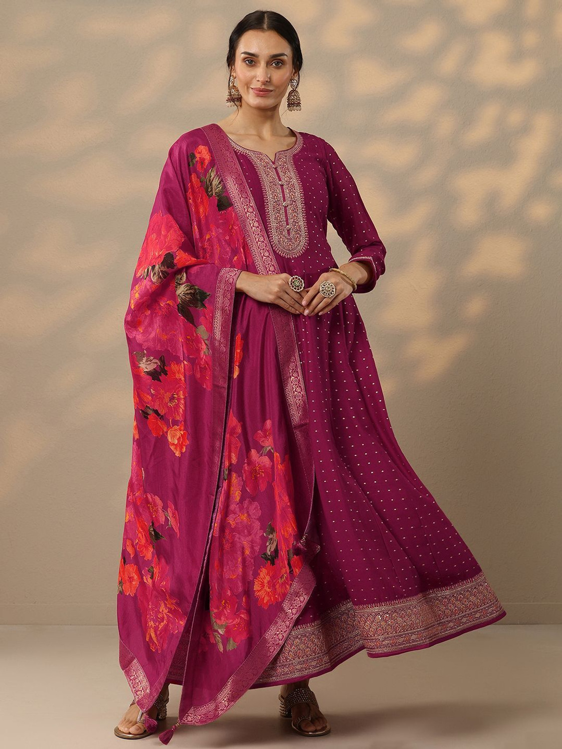 Image of LIBAS Embroidered Silk Blend A-line Kurta for Women With Attached Dupatta (Blue)