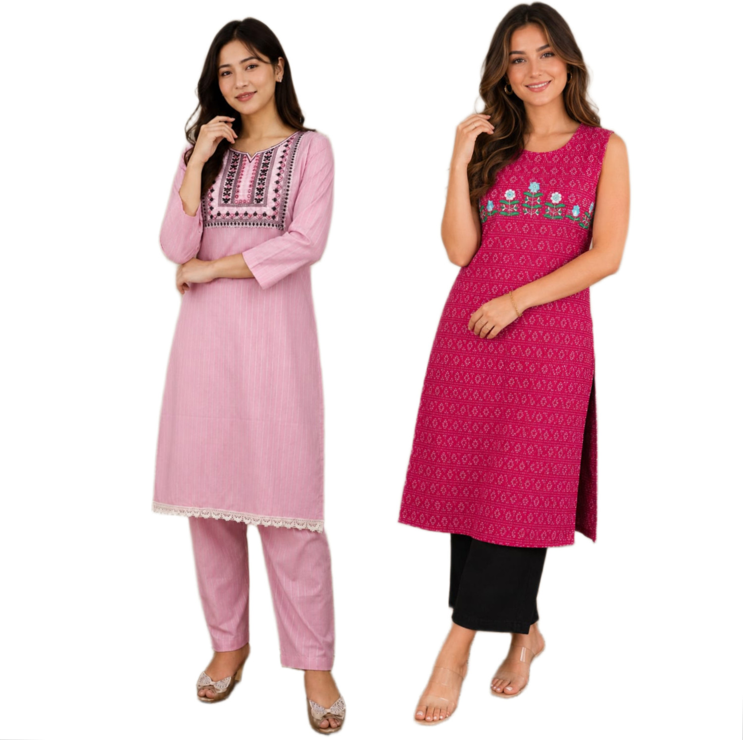 Image of Donne Tenaci Striped, Printed, Embellished Cotton Blend Straight Kurta for Women (Blue)