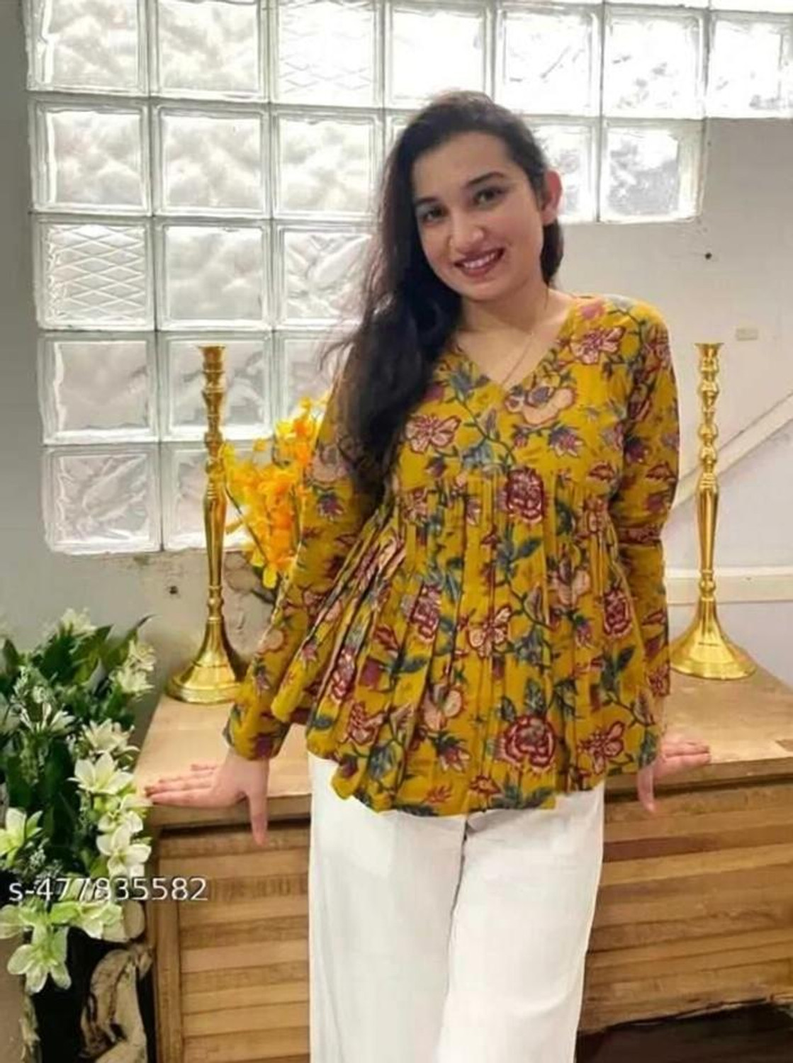 Image of Mialo fashion Floral Print Viscose Rayon Flared Kurta for Women (Yellow)