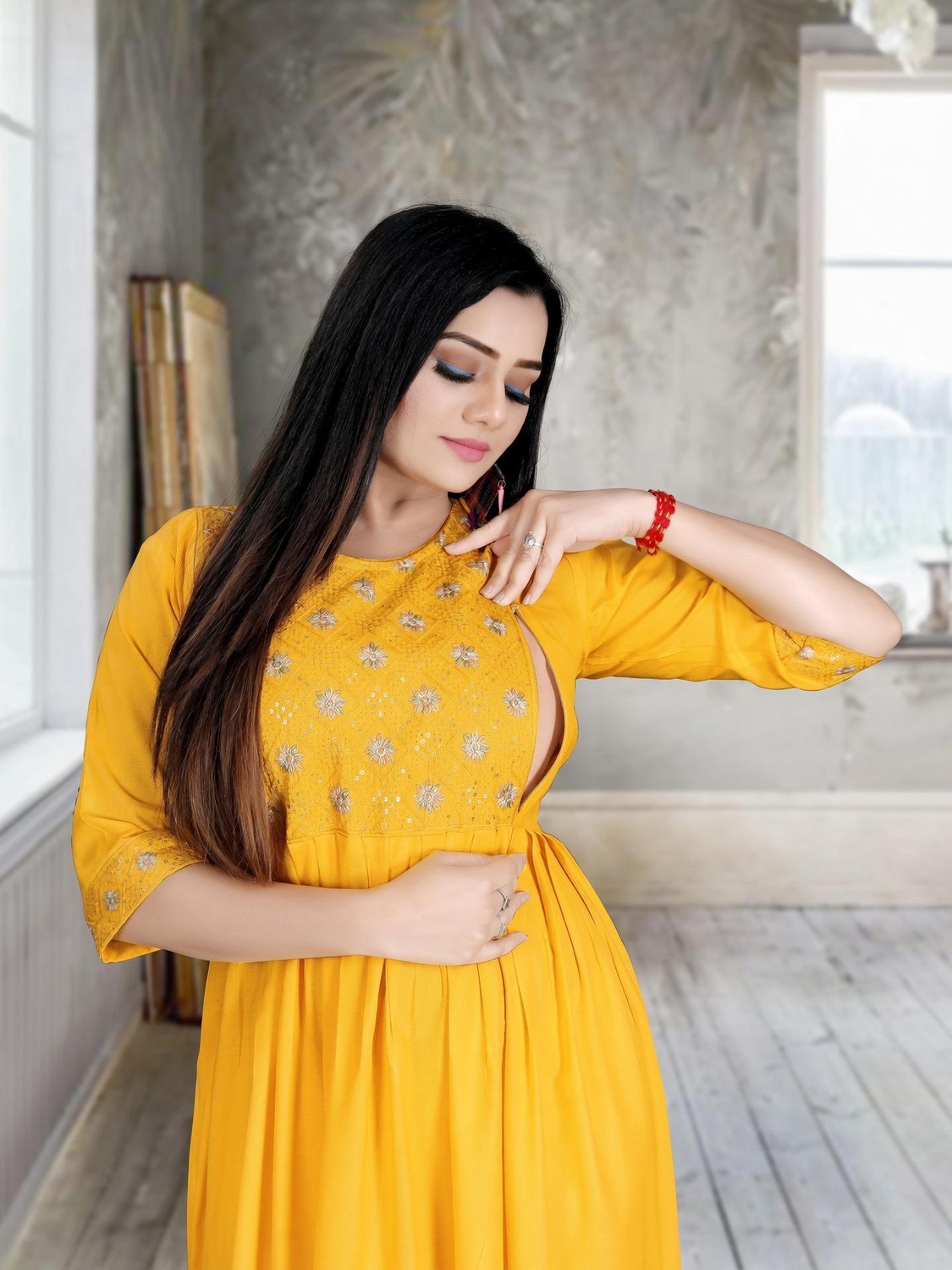 Image of sheladiya Women Fit and Flare Yellow Midi /Calf Length Dress