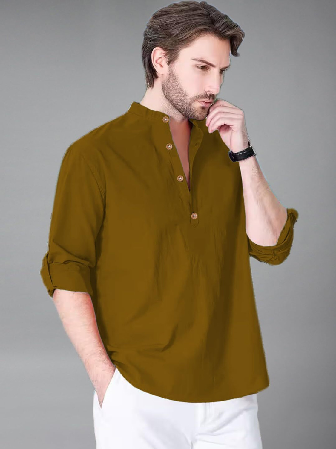 Image of Vashuqi Solid Cotton Blend Straight Kurta for Men (Brown)