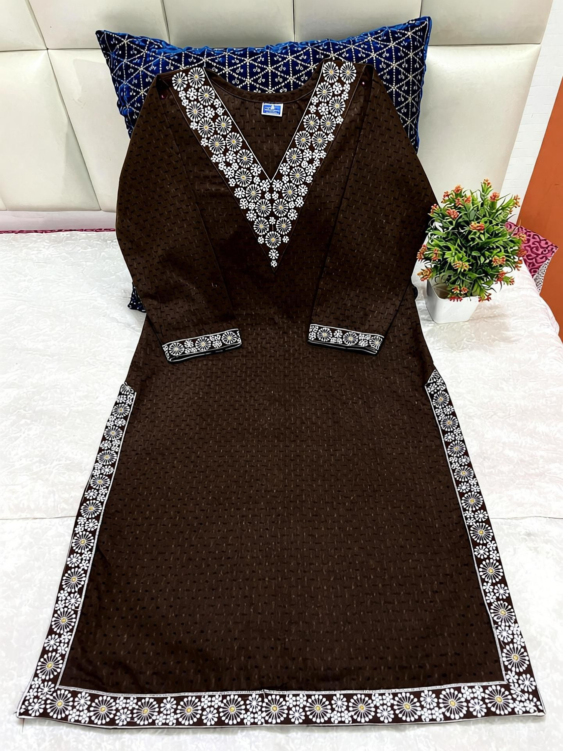 Image of Mahi textile Embroidered Cotton Blend Straight Kurta for Women (Brown)