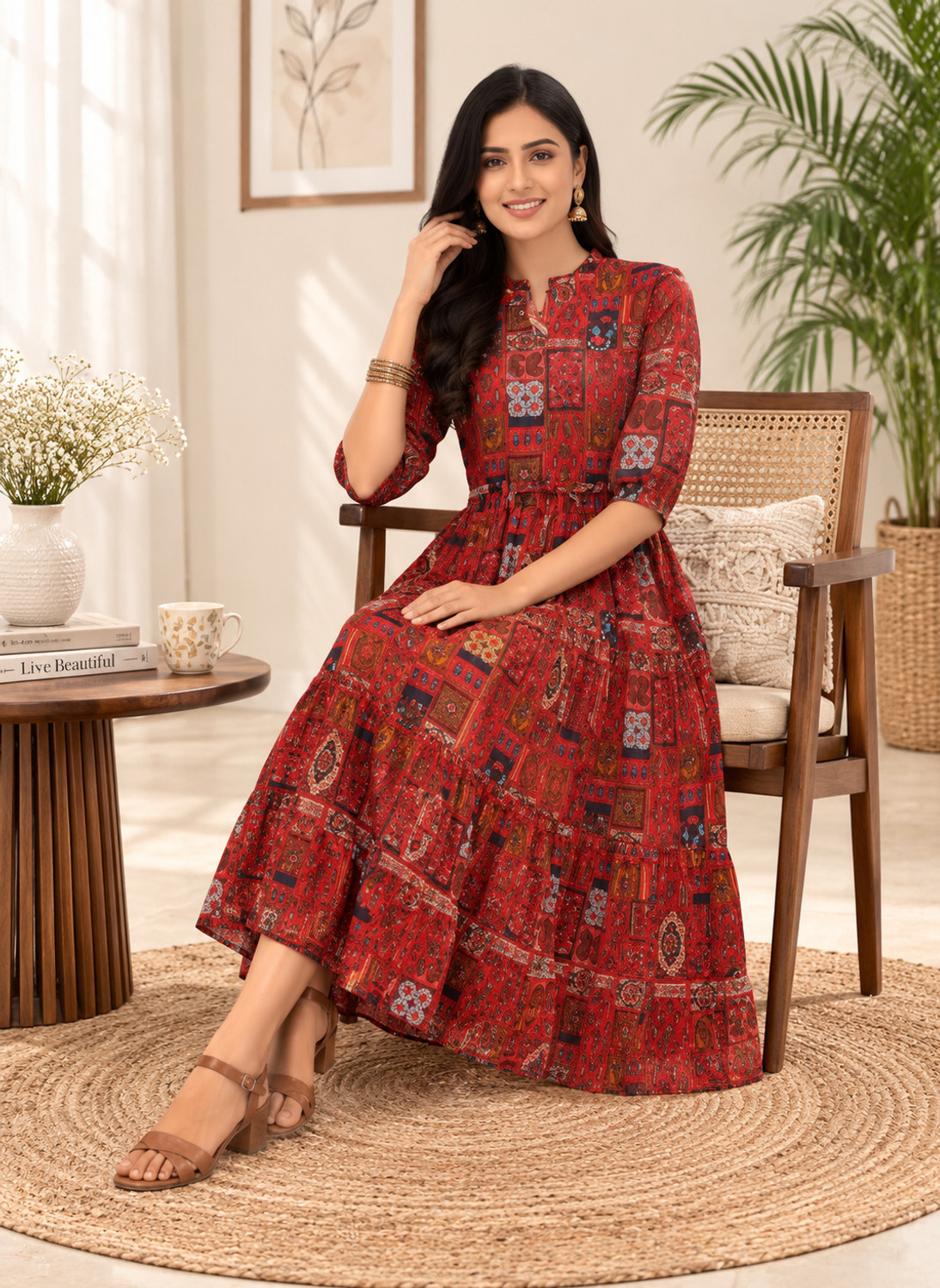 Image of HARIKRISHNA Floral Print Crepe Anarkali Kurta for Women (Green, White)