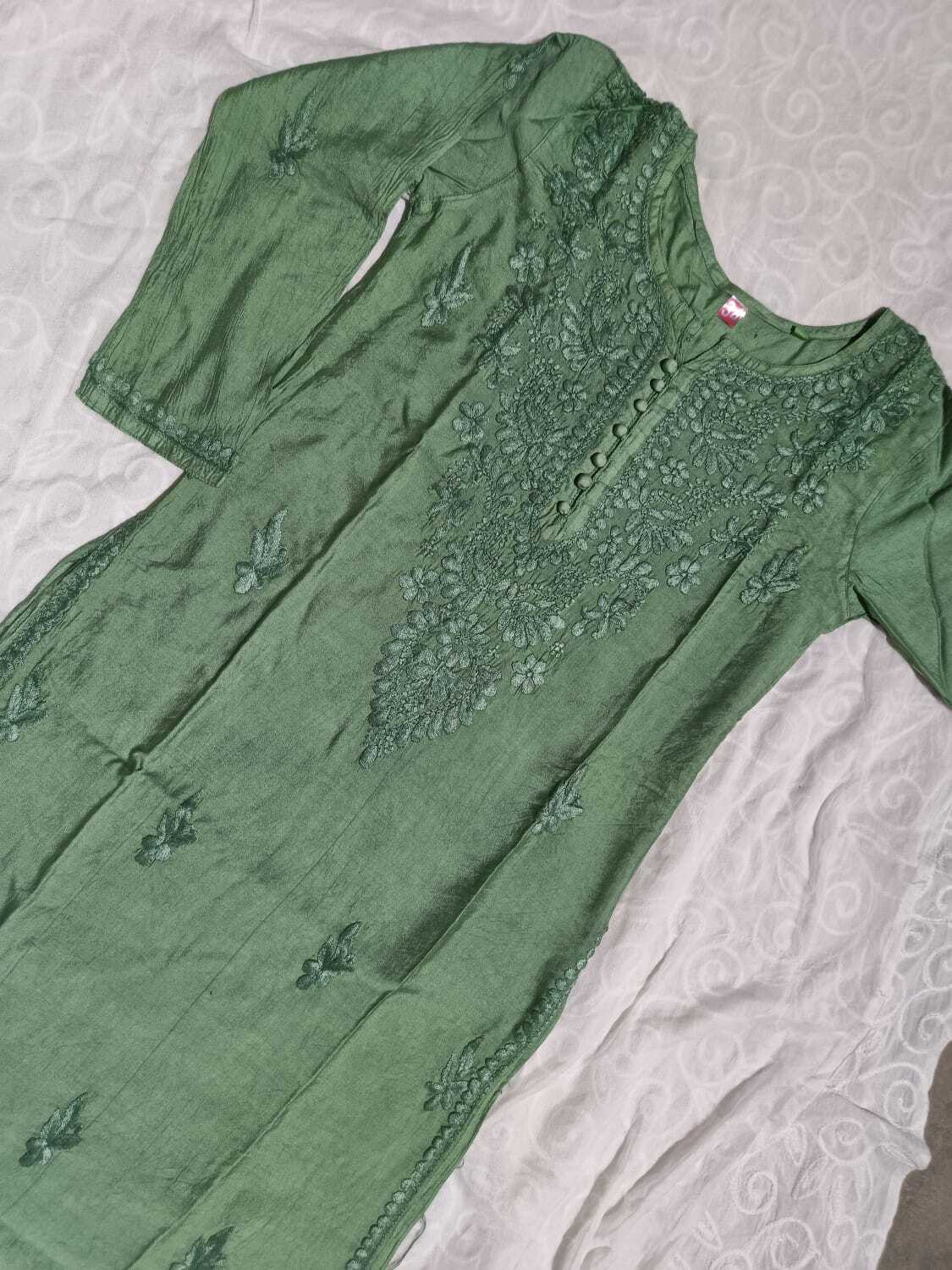 Image of Adab chikan handicraft Self Design Chanderi A-line Kurta for Women (Green)