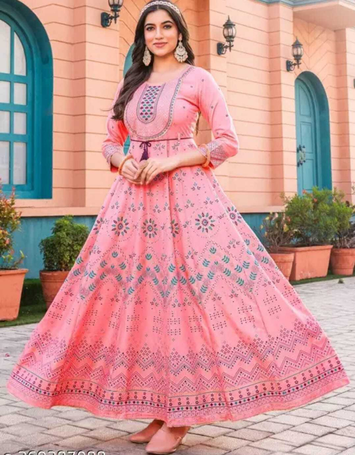 Image of HINDVA FASHION Embroidered Viscose Rayon Anarkali Kurta for Women (Pink, Blue)