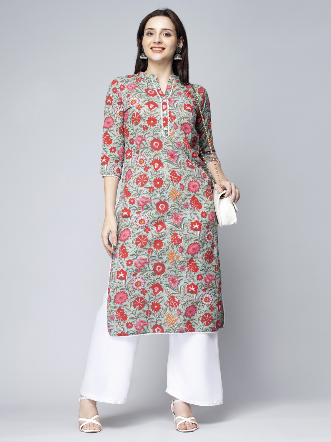 Image of GREYSHADE Floral Print Pure Cotton Straight Kurta for Women (Multicolor)