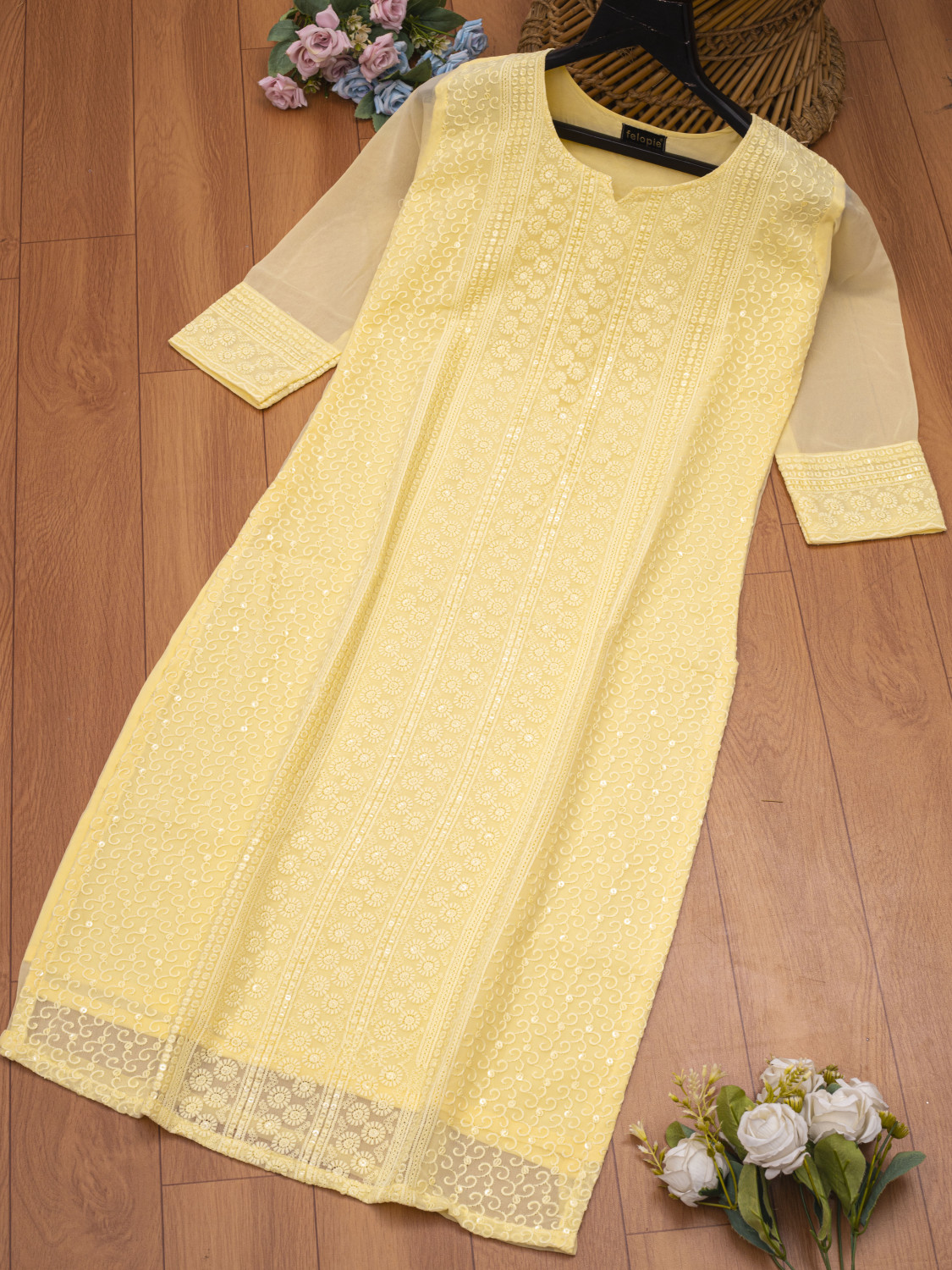 Image of ElegantFashion Chikan Embroidery Georgette A-line Kurta for Women (Yellow)