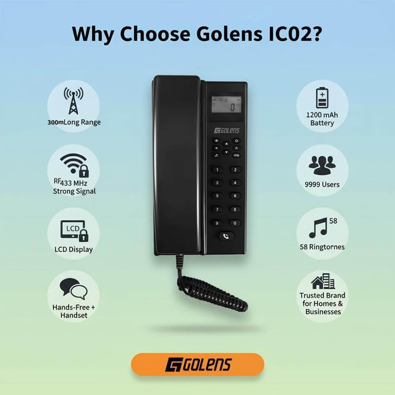 Image of GOLENS Wireless Intercom for Home, Office, Hotel, 300m Long Range, 1200mAh Battery IC02 Cordless Landline Phone with Answering Machine (Black)