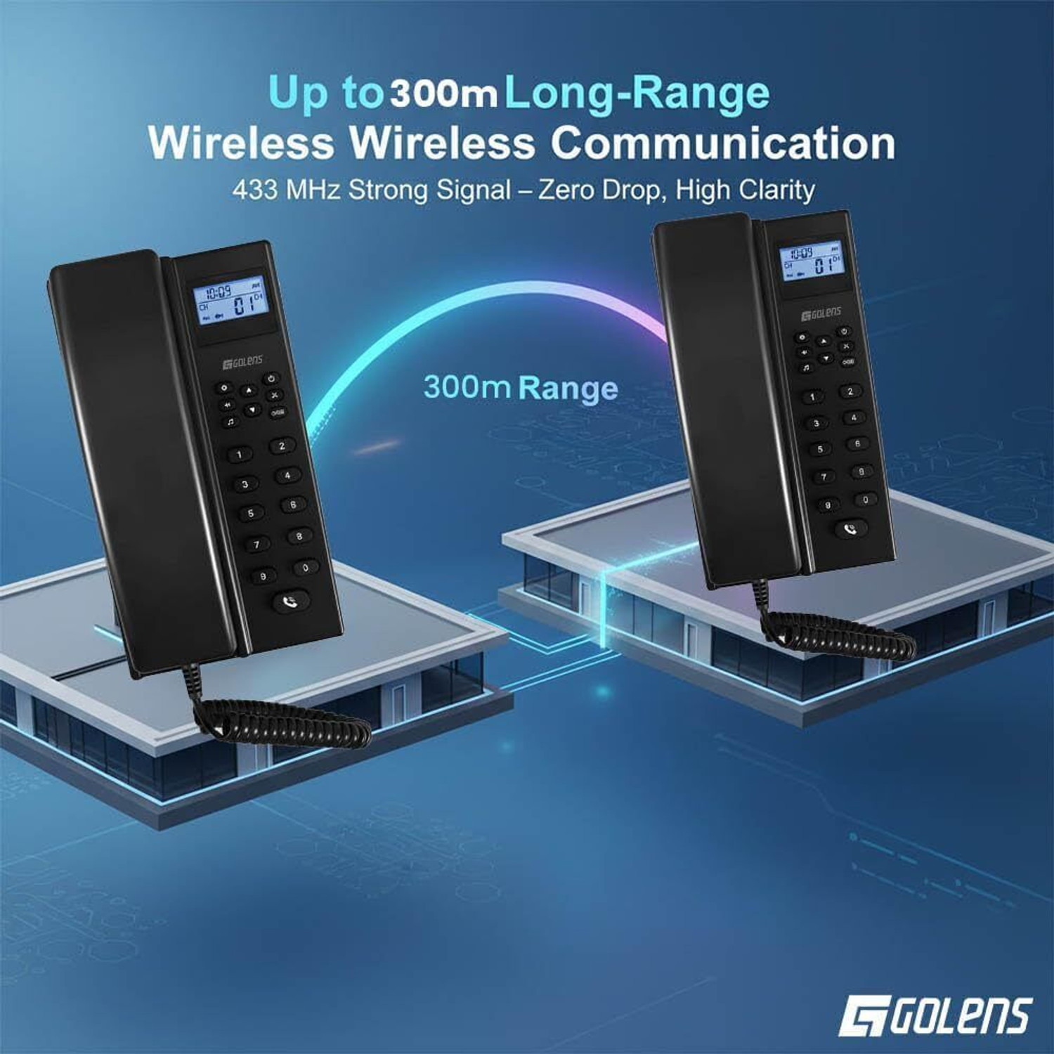 Image of GOLENS Wireless Intercom for Home, Office, Hotel, 300m Long Range, 1200mAh Battery IC02 Cordless Landline Phone with Answering Machine (Black)