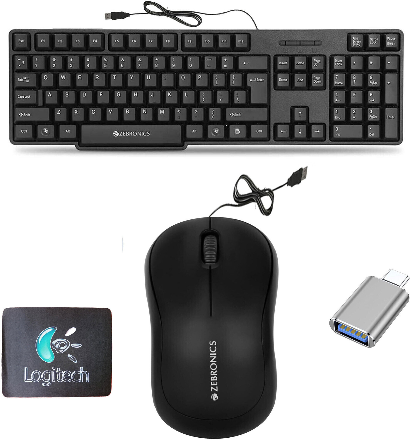 Mophonics Wired K20 Keyboard, Mouse, Mouse Pad, C-OTG (Set of 4) - Image 1