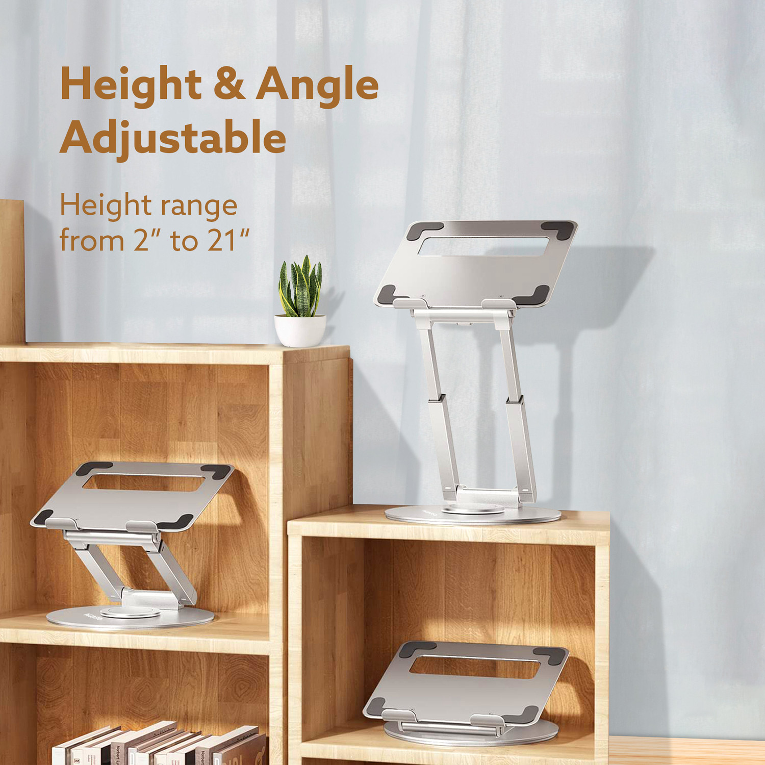 Image of AGARO Foldable Laptop Stand Holder, 360 Rotating, Premium Metal Alloy, Ergonomic Height Adjustable with Anti-Slip Silicone Pads, Heat Vent Iron Rotatable Laptop Stand with Adjustable Height Compatible with Universal Laptops (Silver)