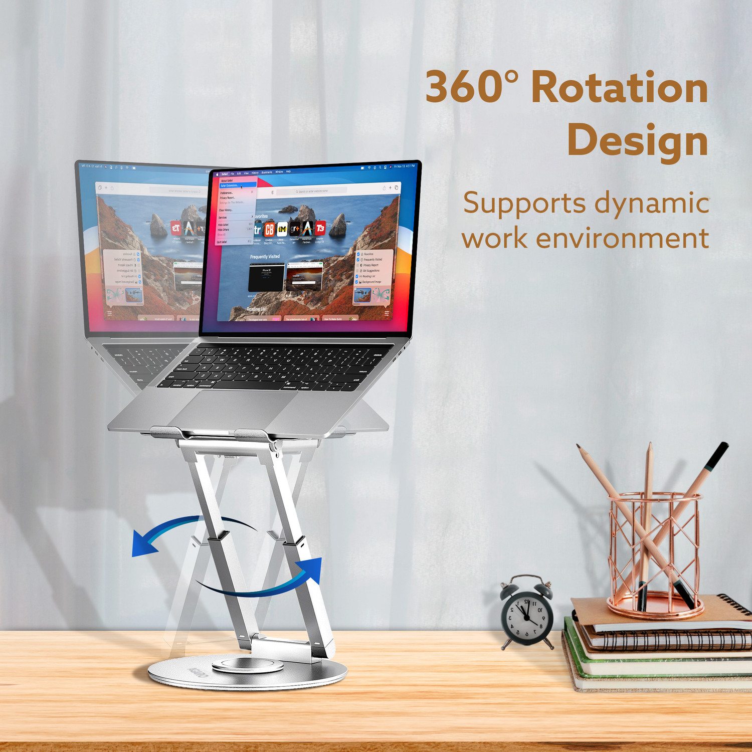 Image of AGARO Foldable Laptop Stand Holder, 360 Rotating, Premium Metal Alloy, Ergonomic Height Adjustable with Anti-Slip Silicone Pads, Heat Vent Iron Rotatable Laptop Stand with Adjustable Height Compatible with Universal Laptops (Silver)