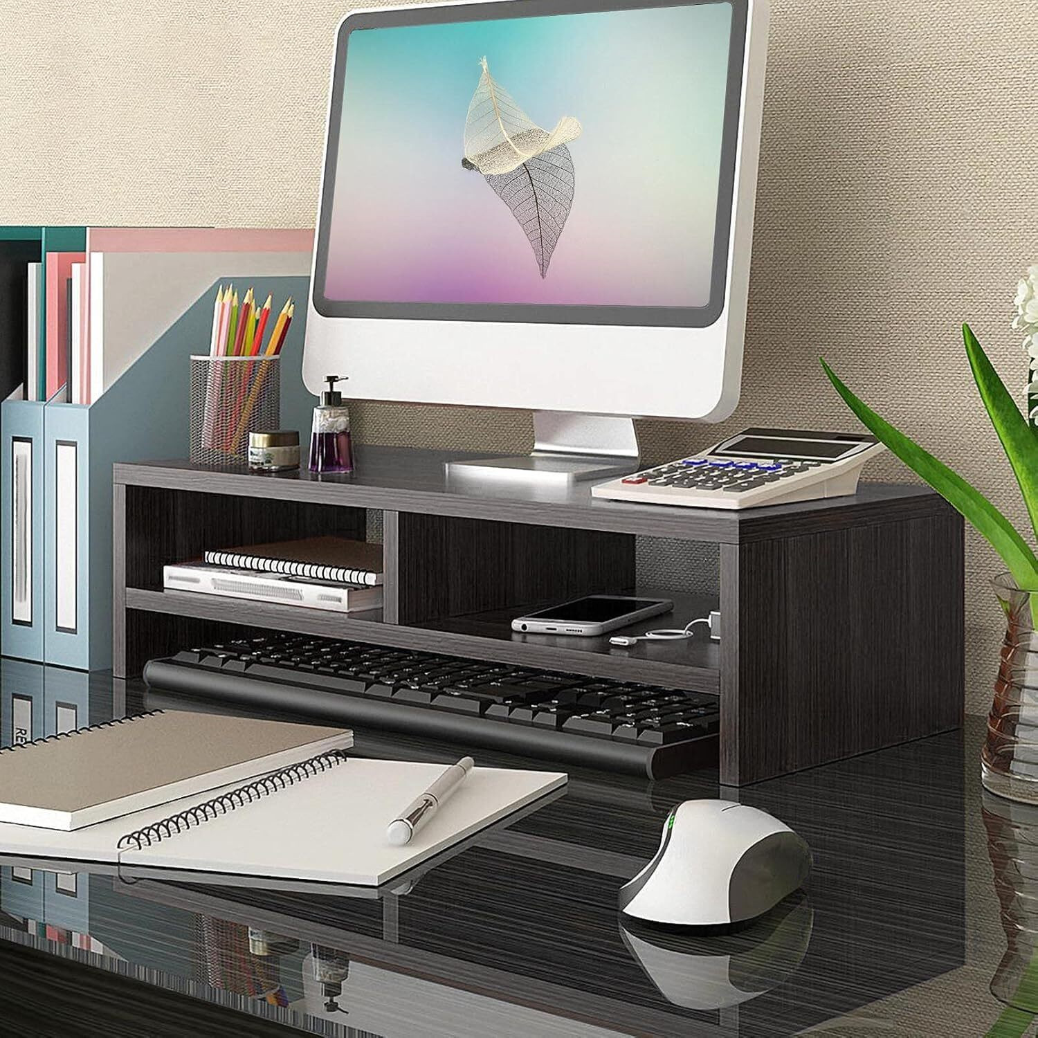 Image of Dwhandicrafts monitor stand for desk wooden monitor riser computer screen stand wood monitor stand computer monitor riser desktop shelf organizer Wooden Desk Stand Laptop Stand Compatible with 40 - 44cm Laptops (Black)