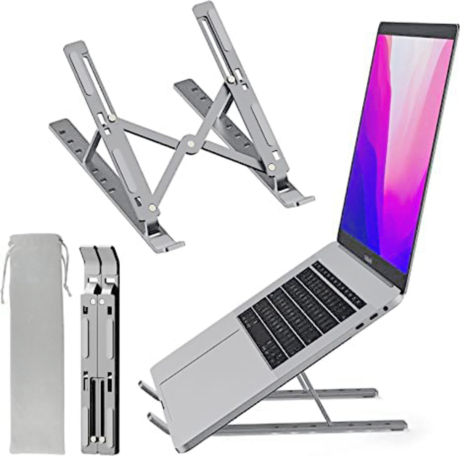 Image of ZEBRONICS ZEB-NS2000 Aluminium Alloy Laptop Stand for 9-15.6 inch Laptops, Foldable (Silver) Aluminium Desk Stand Laptop Stand with Adjustable Height Compatible with 26 - 35 cm, 36 - 39cm, 40 - 44cm Laptops (Grey)