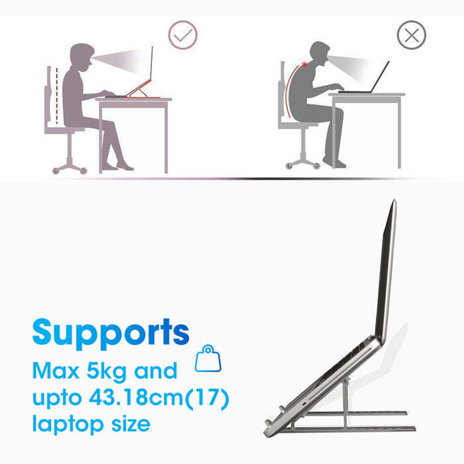 Image of ZEBRONICS ZEB-NS2000 Aluminium Alloy Laptop Stand for 9-15.6 inch Laptops, Foldable (Silver) Aluminium Desk Stand Laptop Stand with Adjustable Height Compatible with 26 - 35 cm, 36 - 39cm, 40 - 44cm Laptops (Grey)