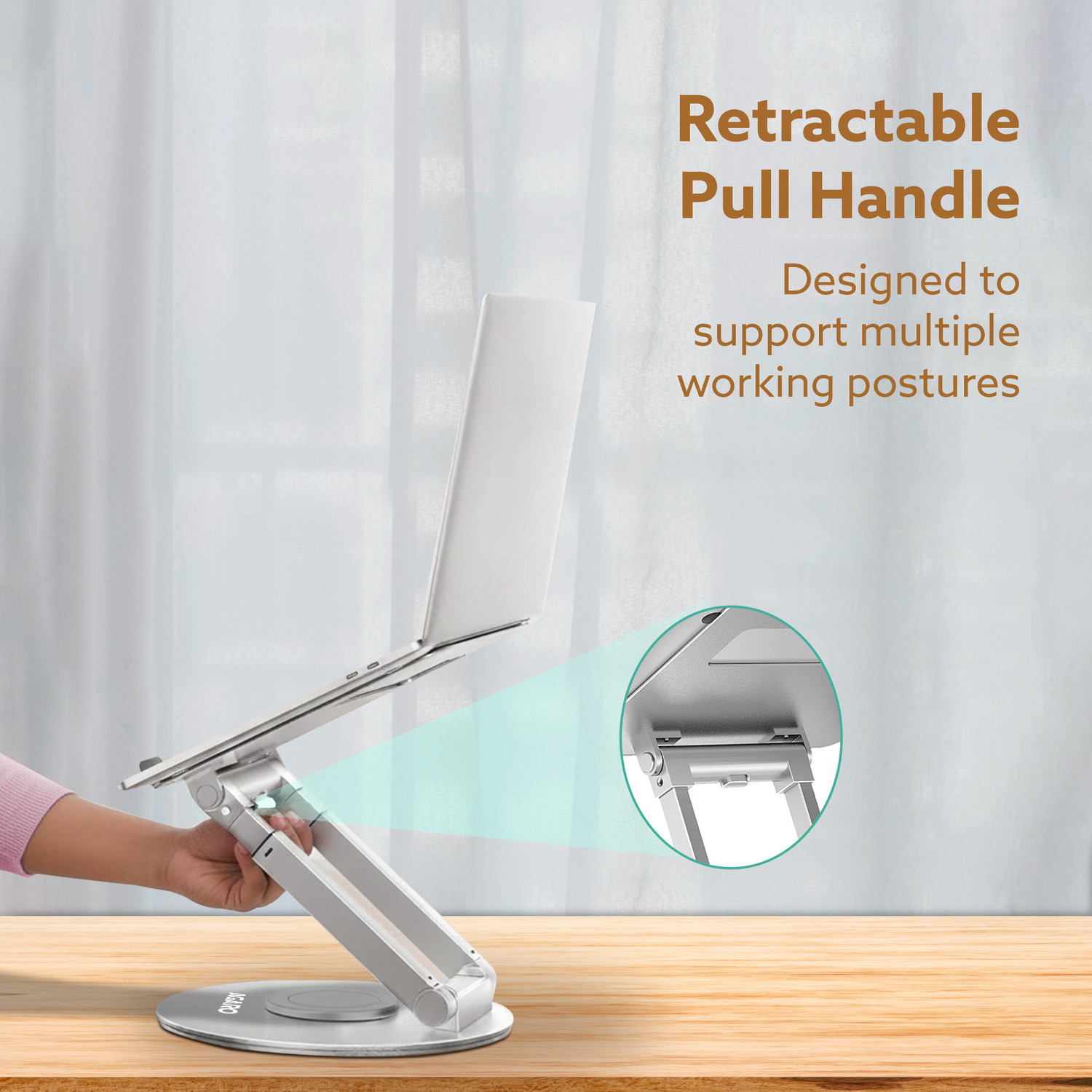 Image of AGARO Foldable Laptop Stand Holder, 360 Rotating, Premium Metal Alloy, Ergonomic Height Adjustable with Anti-Slip Silicone Pads, Heat Vent Iron Rotatable Laptop Stand with Adjustable Height Compatible with Universal Laptops (Silver)