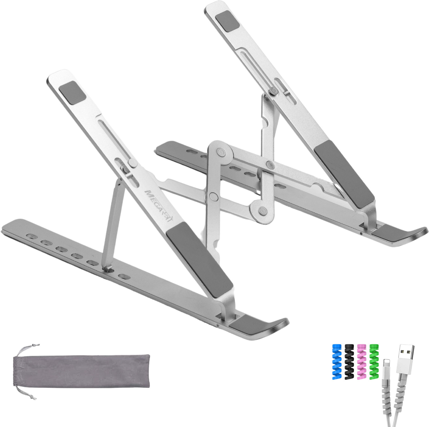Image of AGARO Foldable Laptop Stand Holder, 360 Rotating, Premium Metal Alloy, Ergonomic Height Adjustable with Anti-Slip Silicone Pads, Heat Vent Iron Rotatable Laptop Stand with Adjustable Height Compatible with Universal Laptops (Silver)