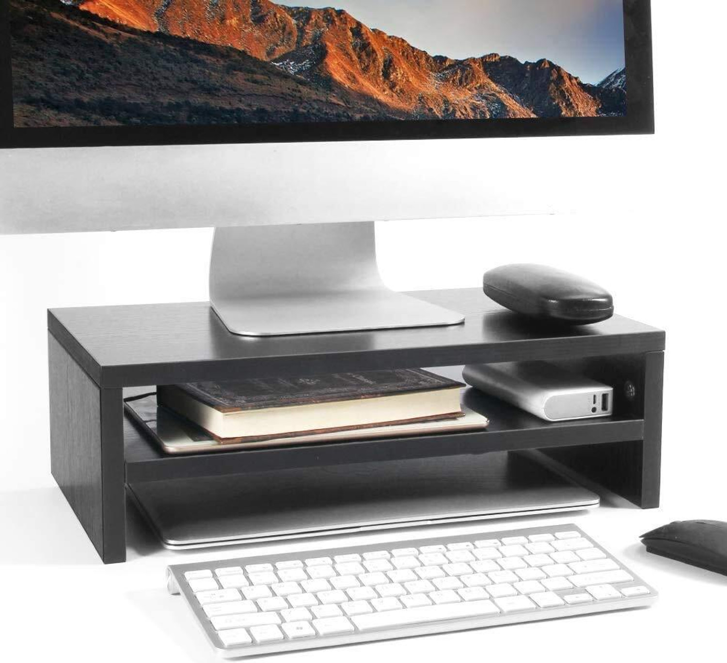 Image of Dwhandicrafts monitor stand for desk wooden monitor riser computer screen stand wood monitor stand computer monitor riser desktop shelf organizer Wooden Desk Stand Laptop Stand Compatible with 40 - 44cm Laptops (Black)